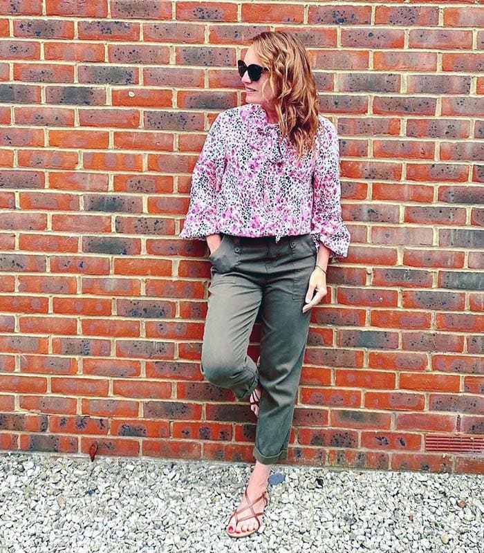 Charlotte wearing sandals and utility pants | 40plusstyle.com