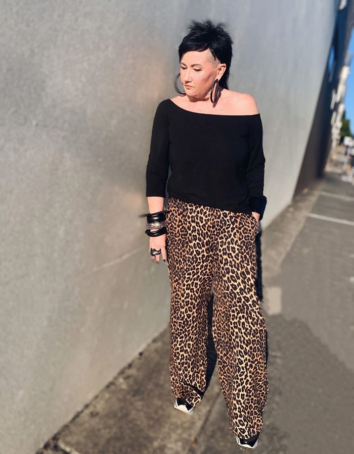 how to dress the rock style personality - leopard print pants | 40plusstyle.com