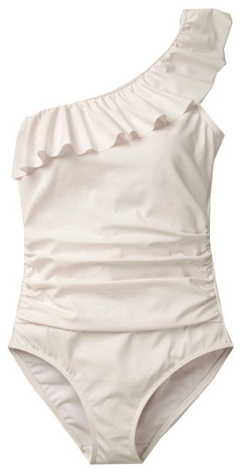 Best bathing suits for women - BODEN Frill One Shoulder Swimsuit | 40plusstyle.com