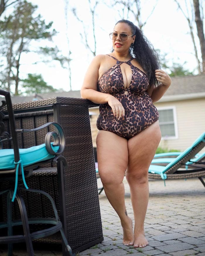 Madeline in a leopard print one-piece bathing suit for women | 40plusstyle.com
