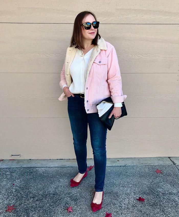How to wear pink - Oxana wears a pink shearling jacket | 40plusstyle.com