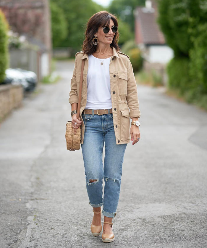 Patricia wears a utility jacket and jeans | 40plusstyle.com