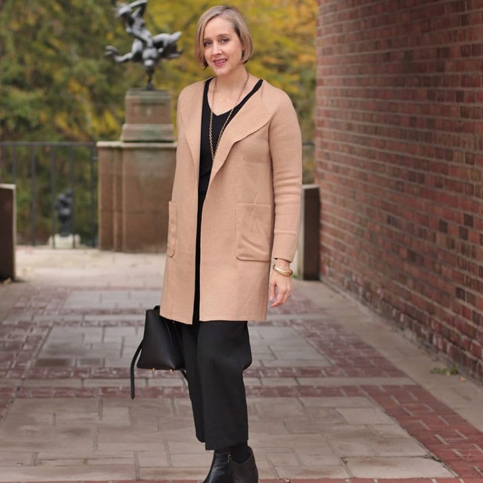 best winter coats for women - Ashley in a short beige coat | 40plusstyle.com