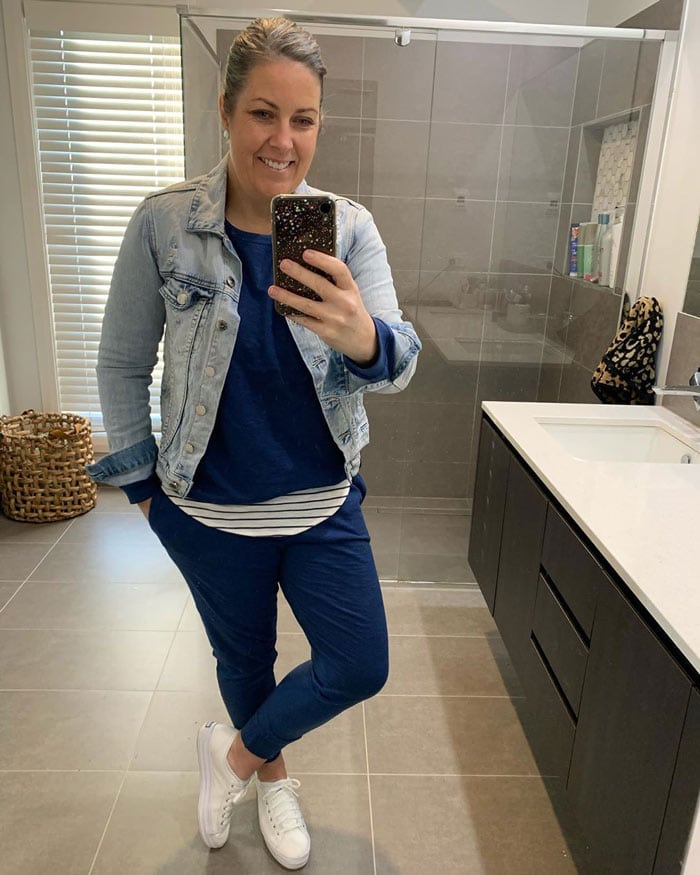 Beth wears a casual navy and white outfit | 40plusstyle.com