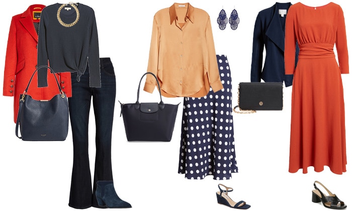 navy blue and orange outfit ideas | 40plusstyle.com