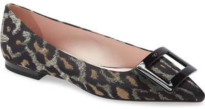 Roger Vivier 'Gommettine' buckle leopard pointed toe flat | 40plusstyle.com