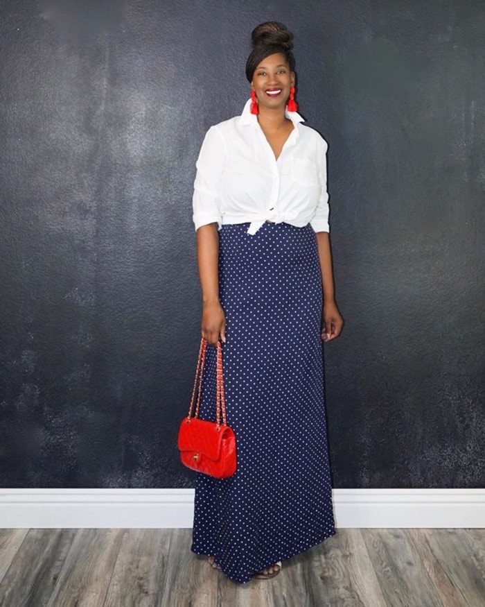 Tanasha wears navy, white and red | 40plusstyle.com