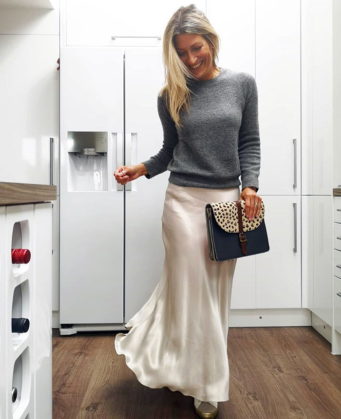 Abi wearing a round neck sweater with her maxi skirt | 40plusstyle.com