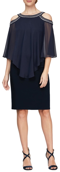 Alex Evenings cold shoulder popover cocktail dress | 40plusstyle.com