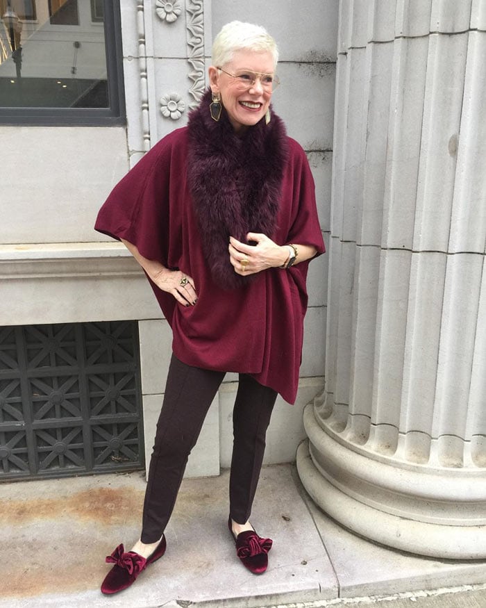 Jeanne wearing velvet low heel party shoes | 40plusstyle.com