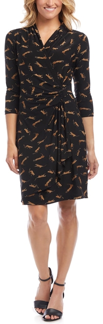 best dresses for hiding your tummy - Karen Kane printed cascade dress | 40plusstyle.com