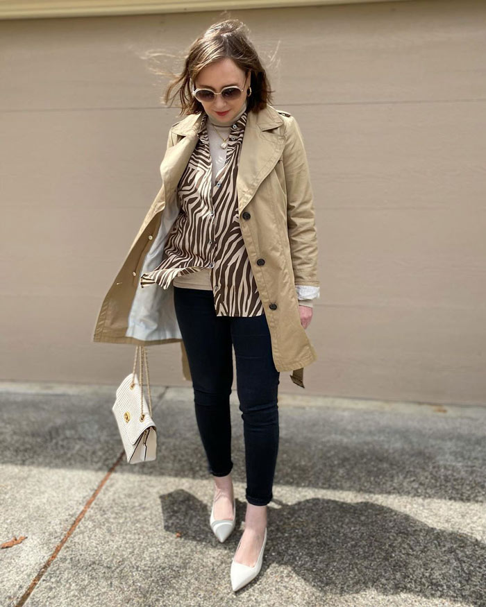 Oxana layering her classic outfit | 40plusstyle.com