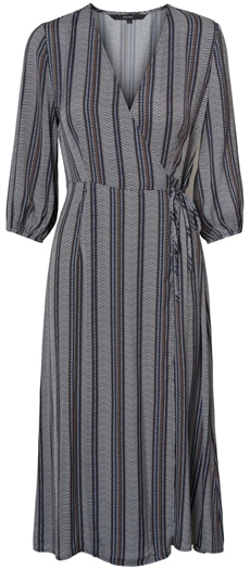 the best dresses to hide your tummy - VERO MODA stripe wrap midi dress | 40plusstyle.com