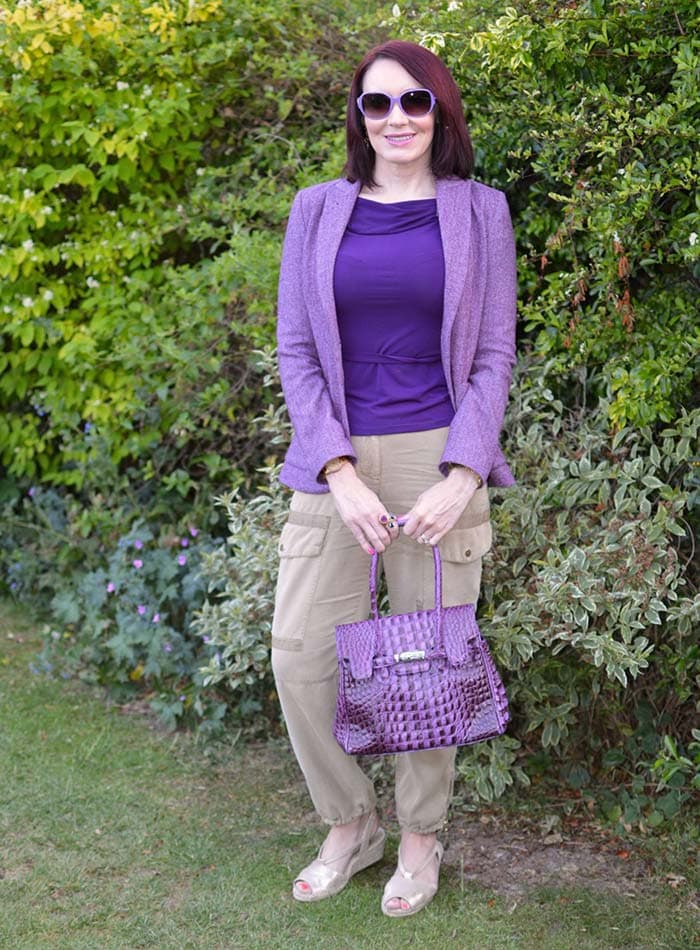 Emma wears purple and neutrals | 40plusstyle.com