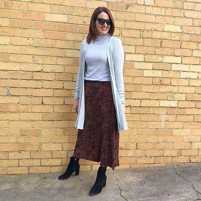 How to wear booties - Karen wears booties with a maxi skirt | 40plusstyle.com