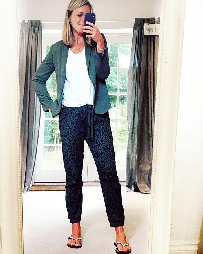 Kate wears a blazer and drawstring pants for working from home | 40plusstyle.com