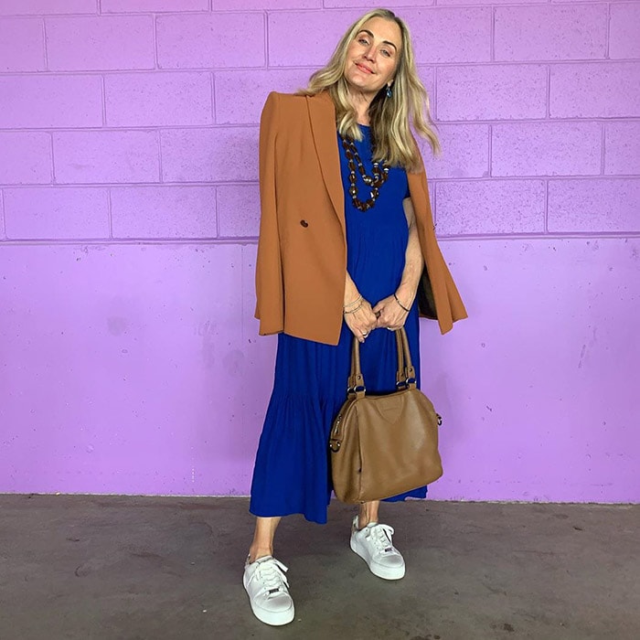 Melinda wearing a maxi dress and blazer | 40plusstyle.com