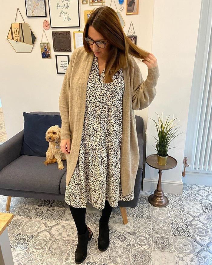 Melissa wearing a warm winter dress outfit | 40plusstyle.com