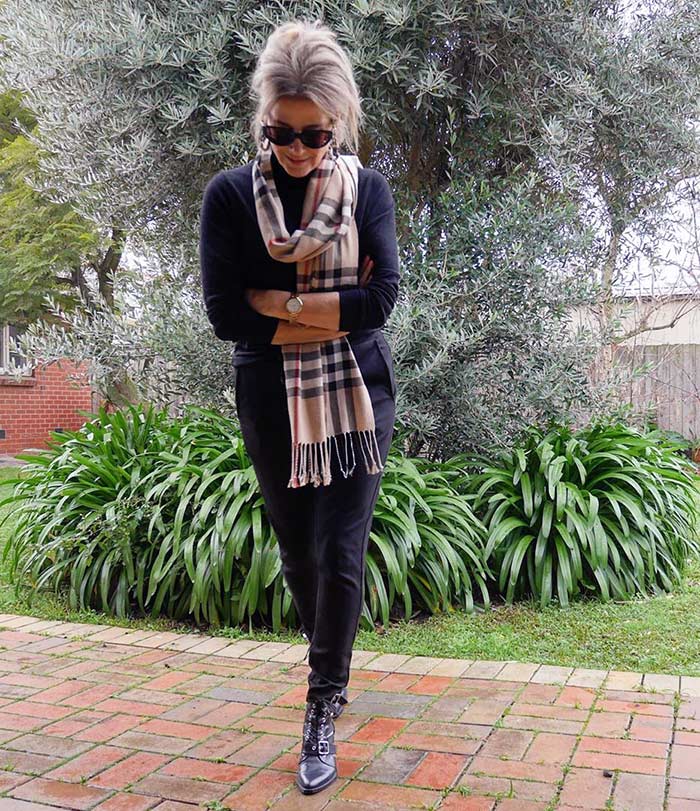 Winter wardrobe - Suzie wearing a neutral outfit with a check scarf | 40plusstyle.com