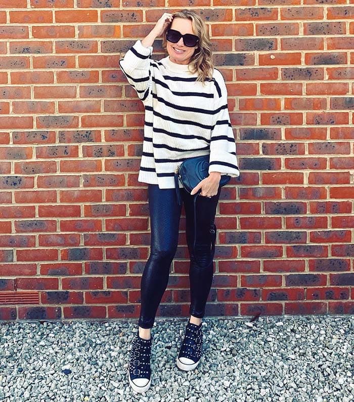 Winter sweaters for women - Charlotte wears a striped sweater | 40plusstyle.com