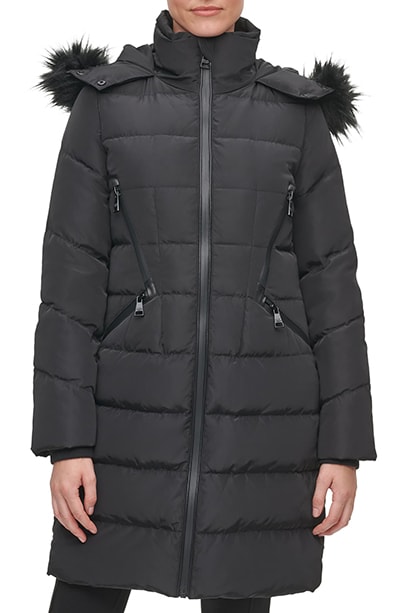 Karl Lagerfield Paris water resistant down & feather parka with faux fur trim | 40plusstyle.com