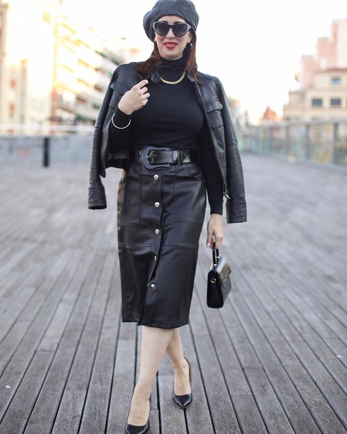 Sweater for women worn with a leather skirt | 40plusstyle.com