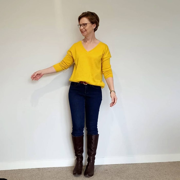 Winter sweaters for women - Rachel wears a yellow sweater | 40plusstyle.com