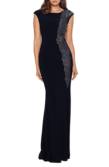 Xscape embroidered mermaid gown | 40plusstyle.com