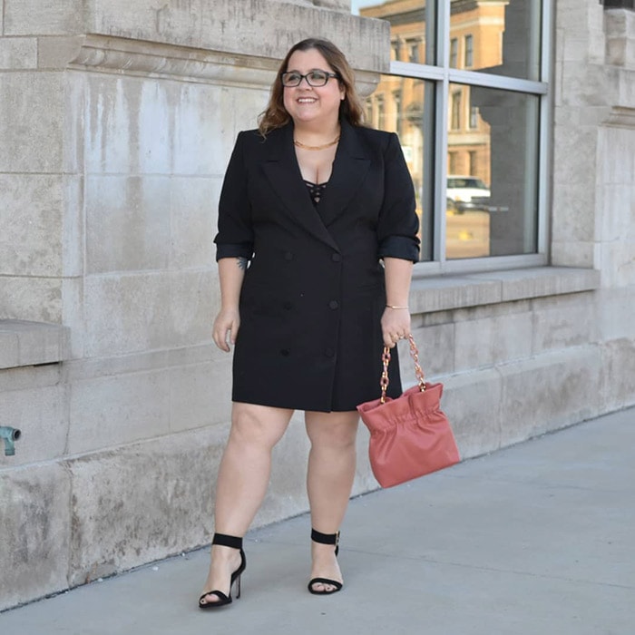 Perfect little black dress for petites - Cassie wears a black blazer dress | 40plusstyle.com