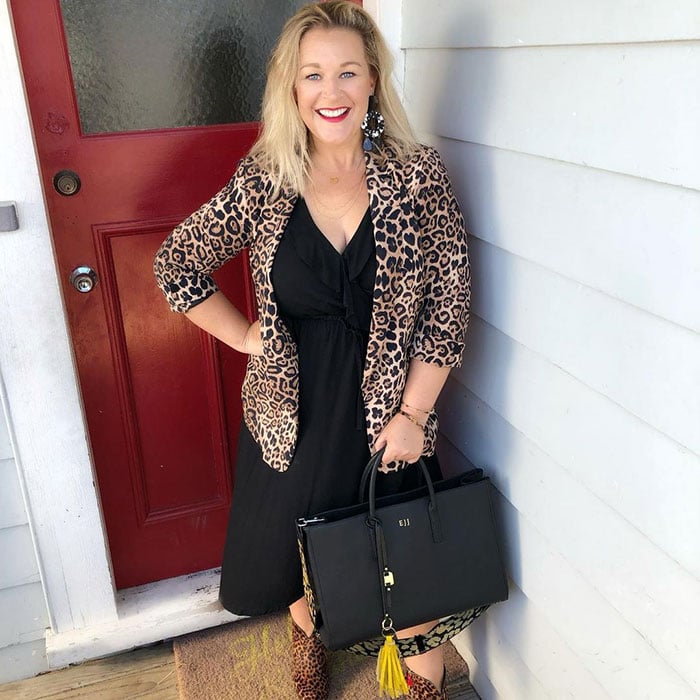 Perfect little black dress - Emma pairs her black dress with leopard print | 40plusstyle.com