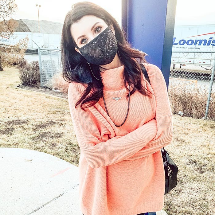 Kerrie wears a sequin face mask with her sweater | 40plusstyle.com