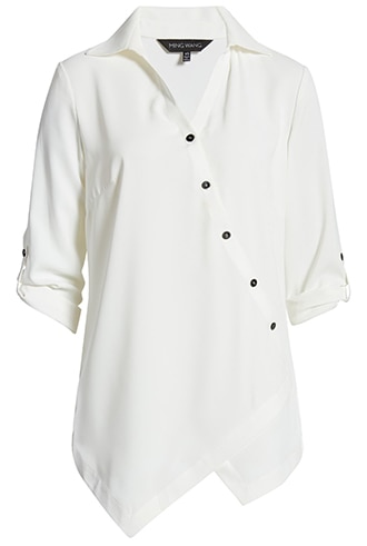 Stylish clothes - Ming Wang asymmetrical button front blouse | 40plusstyle.com