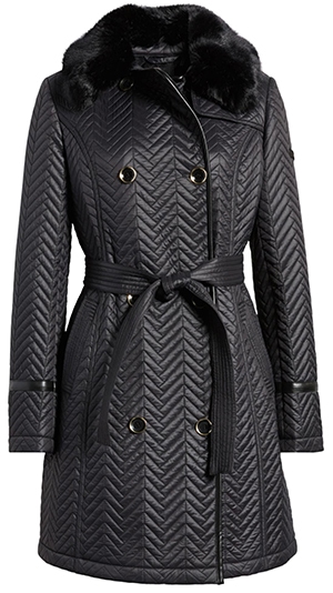Via Spiga water resistant double breasted faux fur collar quilted coat | 40plusstyle.com