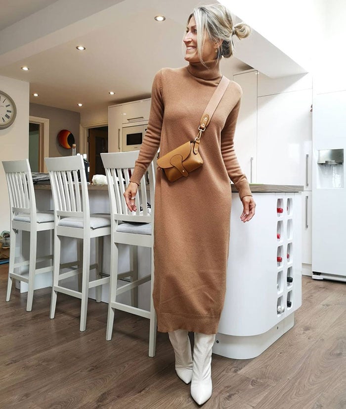 Abi in a sweater dress and boots | 40plusstyle.com
