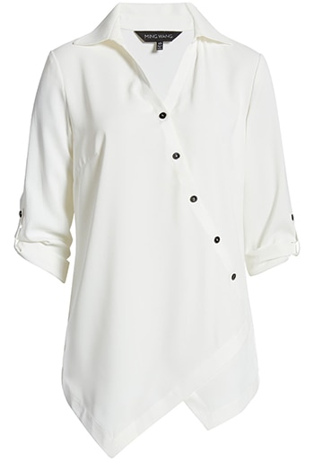 Wardrobe essentials - Ming Wang asymmetrical button front blouse | 40plusstyle.com