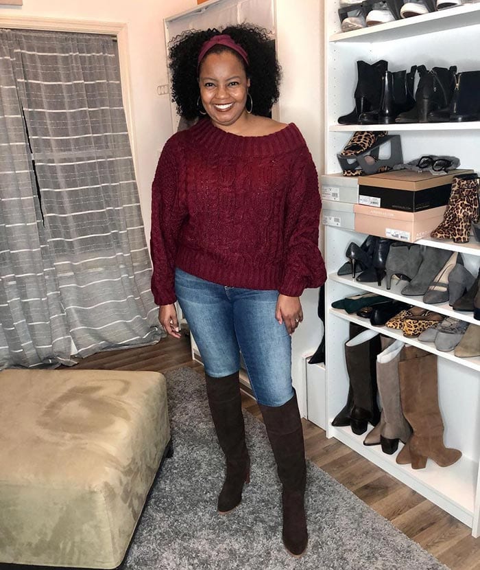 Shonte wears jeans and over the knee boots | 40plusstyle.com