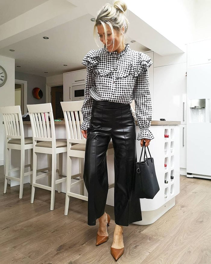 Abi wears gingham and leather | 40plusstyle.com