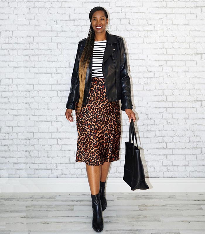 Tanasha matches her bag to her moto jacket | 40plusstyle.com