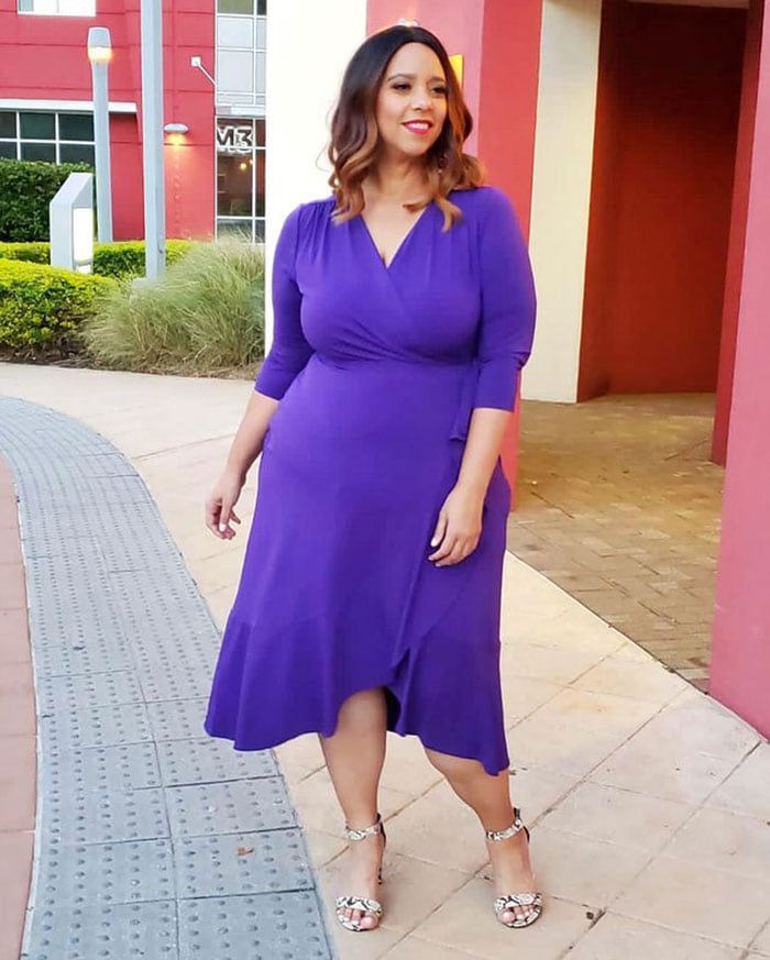 Estrella in a flattering wrap dress | 40plusstyle.com