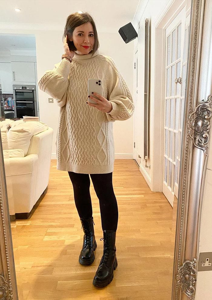 Nikki in a turtleneck sweater dress | 40plusstyle.com