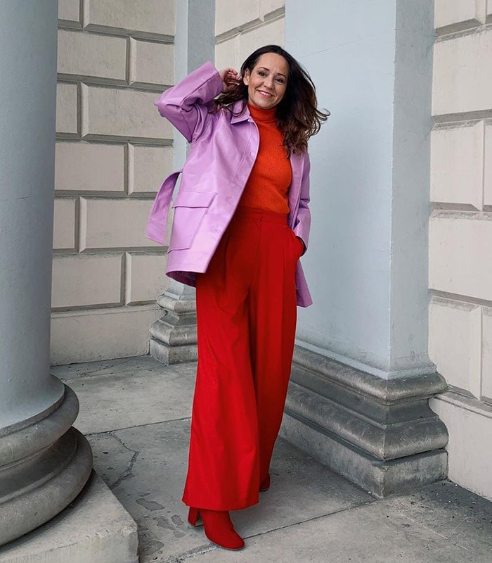 Vanessa wears a red turtleneck and matching pants | 40plusstyle.com