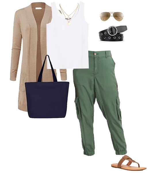 Jennifer Aniston outfit inspiration - beige cardigan and cargo pants outfit inspiration | 40plusstyle.com