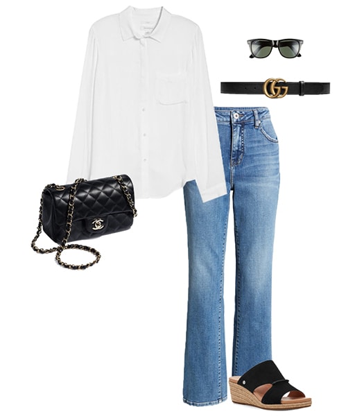 Jennifer Aniston outfit idea - button down shirt and bootcut jeans | 40plusstyle.com