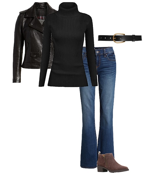 Jennifer Aniston moto jacket and bootcut jeans outfit inspiration | 40plusstyle.com