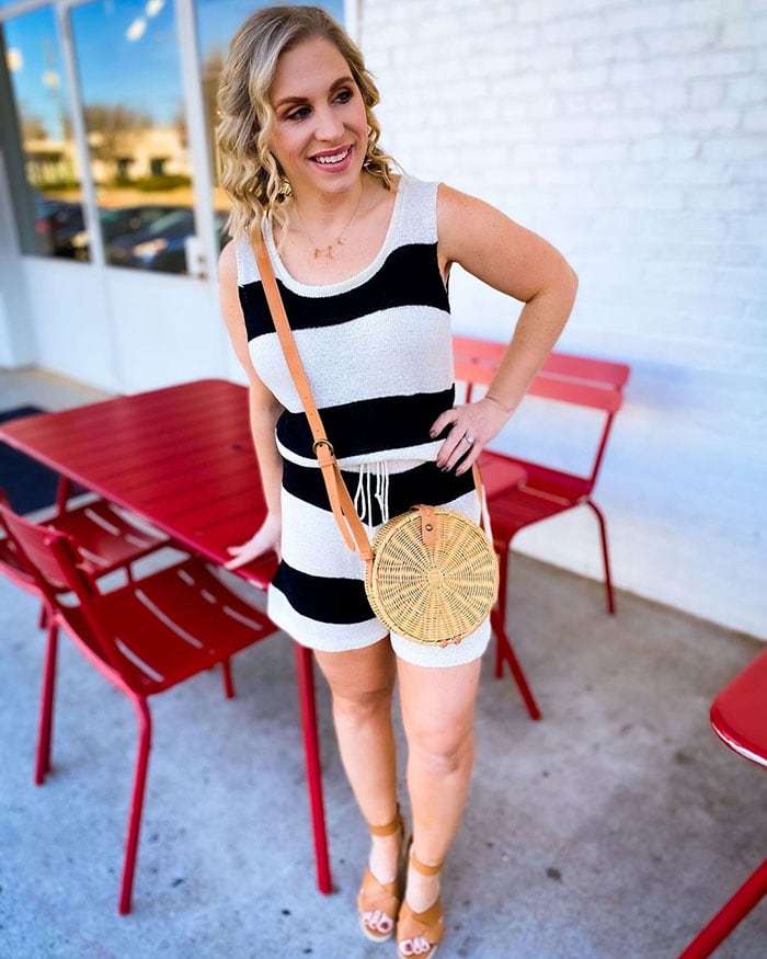 Kristin in a playsuit and rattan bag | 40plusstyle.com