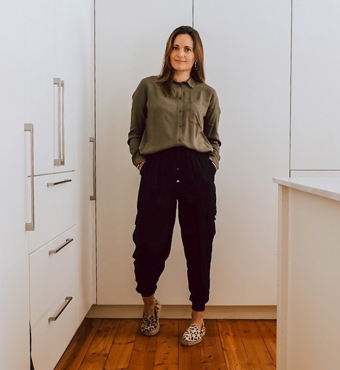 How to style sweatpants - Mel wears a button-down shirt and sweatpants | 40plusstyle.com