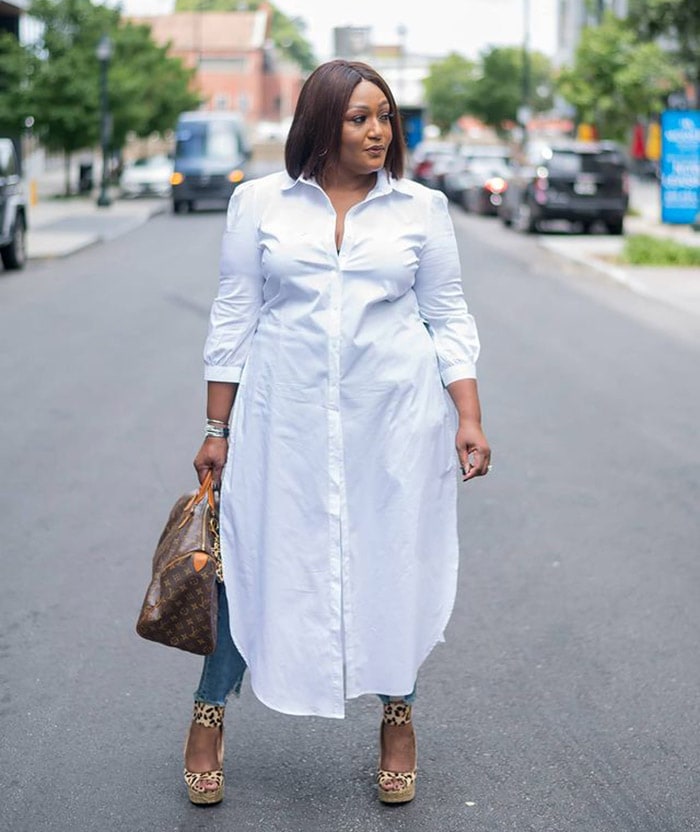 How to layer clothes - Nikki wears a shirt dress over jeans | 40plusstyle.com