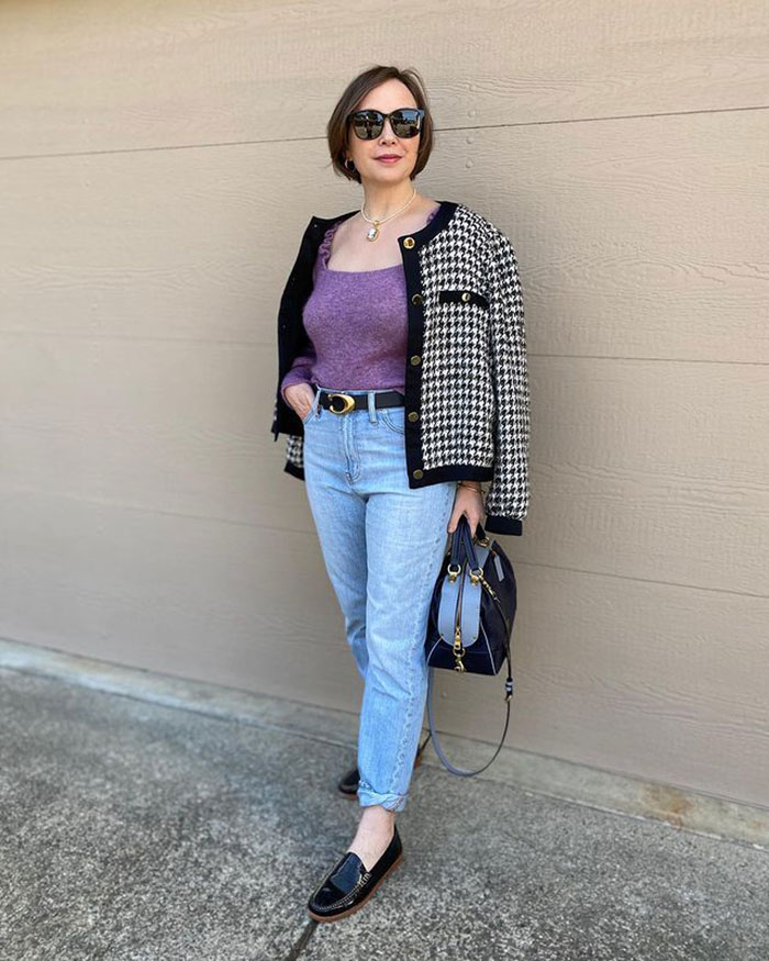 Easter outfits - Oxana wears jeans and a houndstooth jacket | 40plusstyle.com