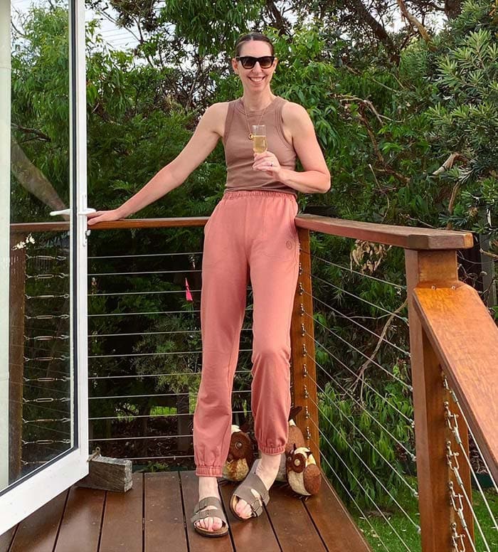 Sally wears sandals with her sweatpants | 40plusstyle.com
