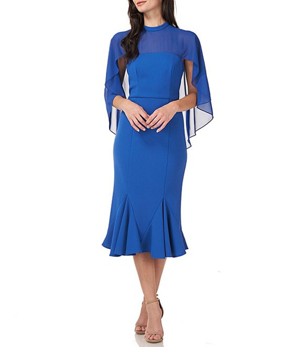 Mother of the bride dresses - JS Collections chiffon capelet midi dress | 40plusstyle.com